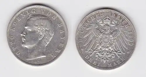 3 Mark Silber Münze Bayern König Otto 1909 D ss (145882)