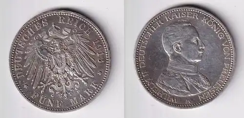 5 Mark Silbermünze Preussen Kaiser Wilhelm II 1913 A in Uniform f.vz (165192)