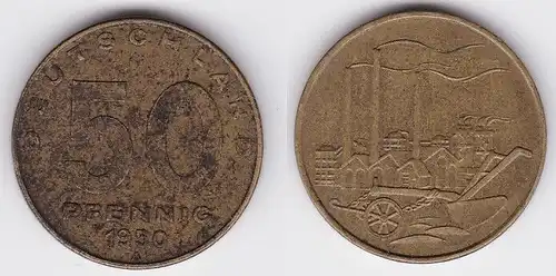 50 Pfennig Messing Münze DDR 1950 Pflug vor Industrielandschaft (125837)
