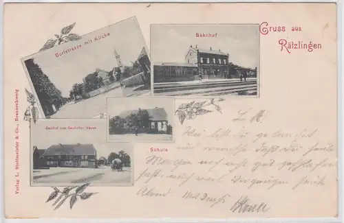 902649 Mehrbild Ak Gruß aus Rätzlingen Bahnhof, Gasthof, Schule 1899