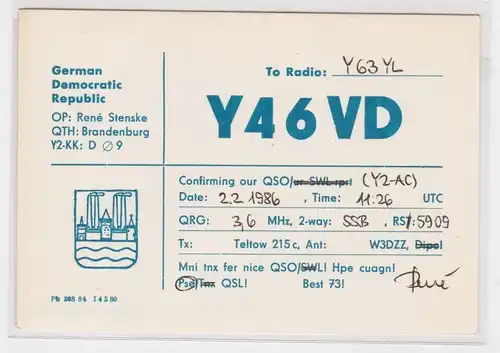 16146 QSL Karte Funker Funkamateur DDR Brandenburg 1986