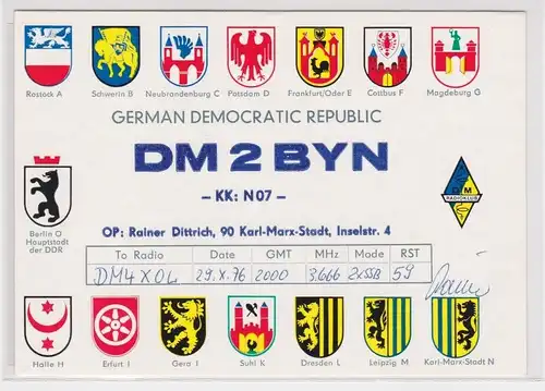 43854 QSL Karte Funker Funkamateur Stadtwappen Karl-Marx-Stadt Chemnitz 1977