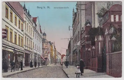 13545 Ak Burg bei Magdeburg Schartauerstrasse mit Geschäften 1919
