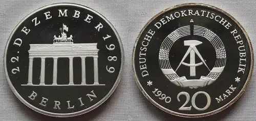 DDR Gedenk Münze 20 Mark Brandenburger Tor Silber 1990 Polierte Platte (130302)