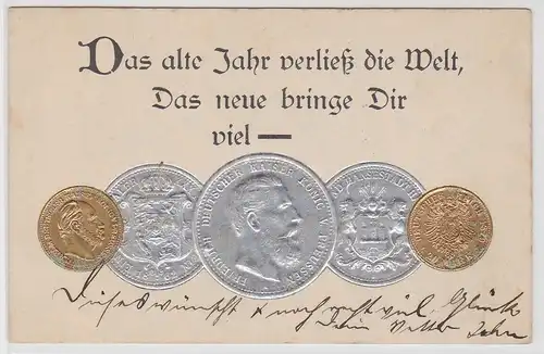 80336 Neujahrs Präge Ak mit Münzabbildungen Preußen, Hamburg usw. 1899