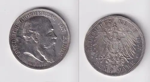 5 Mark Silbermünze Baden Friedrich auf den Tod 1907 J. 37 vz (165372)
