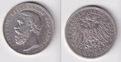 5 Mark Silbermünze Baden Großherzog Friedrich 1893 Jäger 29 ss (165405)