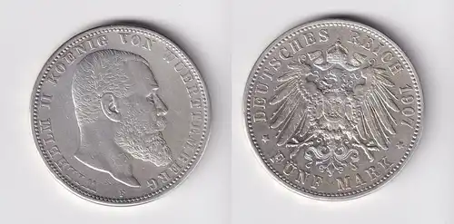 5 Mark Silber Münze Württemberg König Wilhelm II 1907 ss (165378)