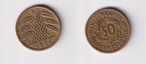 50 Rentenpfennig Messing Münze Weimarer Republik 1924 A Jäger 310 ss (165746)