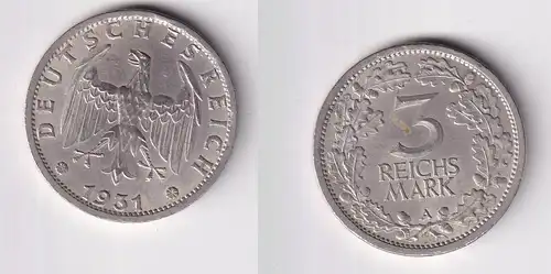 3 Mark Silber Münze Weimarer Republik Kursmünze 1931 A Jäger 349 (165710)
