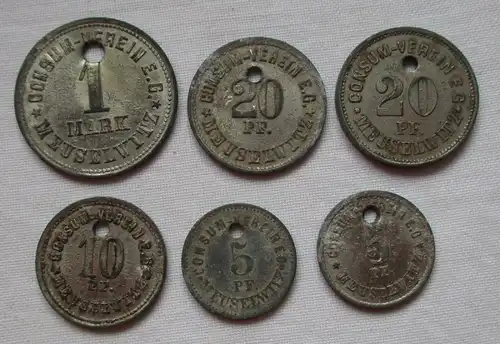 6 rare Wertmarken 5 Pfennig bis 1 Mark Consumverein E.G. Meuselwitz (121028)