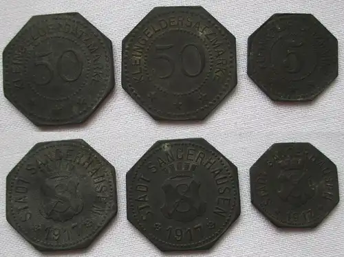5, 50 & 50 Pfennig Zink Münzen Stadt Sangerhausen 1917 (123689)
