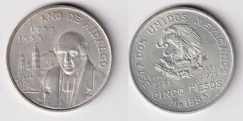 5 Pesos Silber Münze Mexiko Ano de Hidalgo 1953 ss+ (165630)