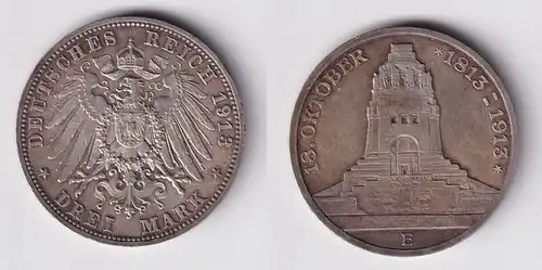 3 Mark Silber Münze Sachsen Völkerschlachtdenkmal Leipzig 1913 f.vz (165517)