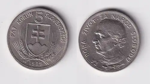 5 Kronen Nickel Münze Slowakei Andrej Hlinka 1939 ss+ (154871)
