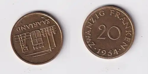20 Franken Messing Münze Saarland 1954 vz (159251)