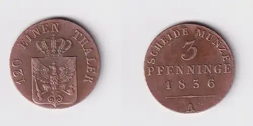 3 Pfennige Bronze Münze Preussen 1836 A f.vz (158692)