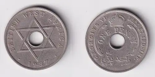 1 Penny Kupfer Nickel Münze Britisch Westafrika 1937 Lochmünze (163051)