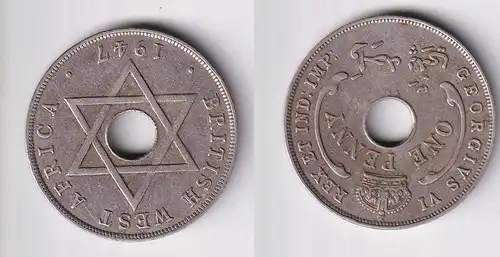 1 Penny Kupfer Nickel Münze Britisch Westafrika 1947 Lochmünze (162247)