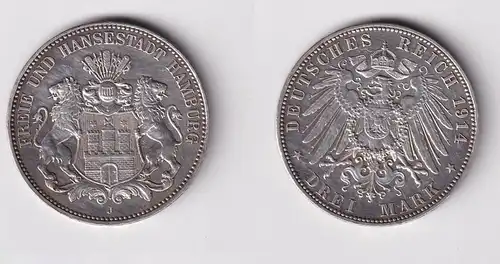 3 Mark Silbermünze Freie und Hansestadt Hamburg 1914 Jäger 64 f.vz (161018)