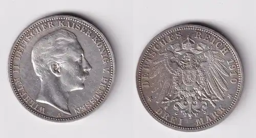 3 Mark Silbermünze Preussen Kaiser Wilhelm II 1910 A Jäger 103 ss+ (161638)