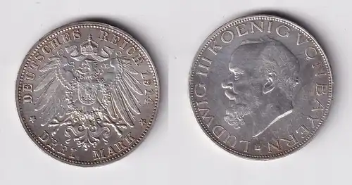 3 Mark Silbermünze Bayern König Ludwig III 1914 Jäger 52 f.vz (164865)