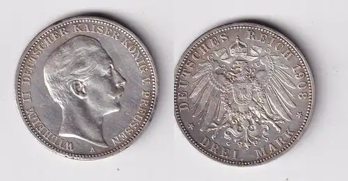 3 Mark Silbermünze Preussen Kaiser Wilhelm II 1908 A Jäger 103 ss+ (165160)