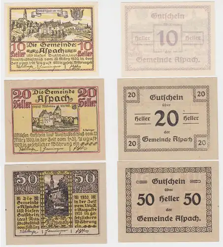 3 Banknoten 10 bis 50 Heller Notgeld Gemeinde Aspach 1920 (152050)