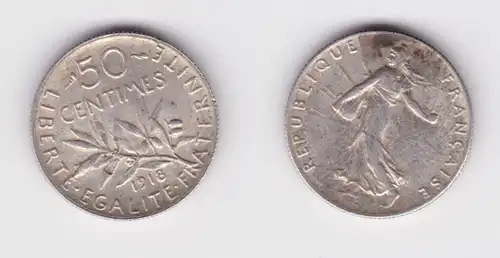 50 Centimes Silber Münze Frankreich 1918 ss+ (137479)