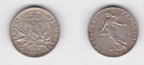 50 Centimes Silber Münze Frankreich 1918 ss+ (130643)