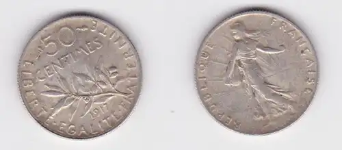 50 Centimes Silber Münze Frankreich 1917 ss (131182)