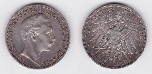 3 Mark Silbermünze Preussen Kaiser Wilhelm II 1908 A Jäger 103 ss (130660)