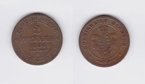 2 Pfennige Kupfer Münze Sachsen 1864 B (117198)