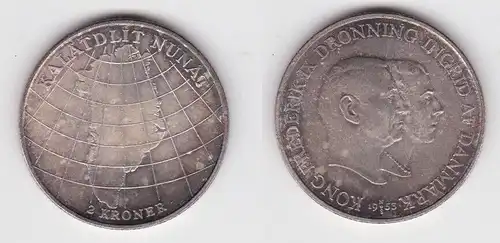 2 Kroner Silber Münze Dänemark 1953 "Grönlandfahrt" KM 844 f.Stgl. (143501)