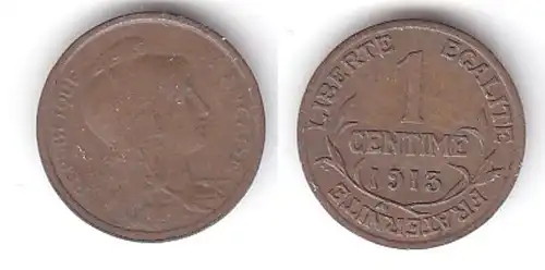 1 Centimes Kupfer Münze Frankreich 1913 (114369)
