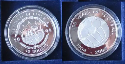 10 Dollar Silber Münze Liberia 2004 100 Years of Football PP (159316)
