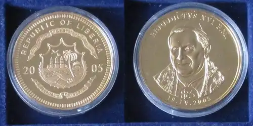 5 Dollar Nickel Münze Liberia 2005 Papst Benedikt der 16. Stgl. (159312)