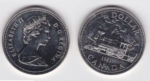 1 Dollar Silbermünze Kanada Dampflokomotive vor Landkarte von Kanada 1981(160383