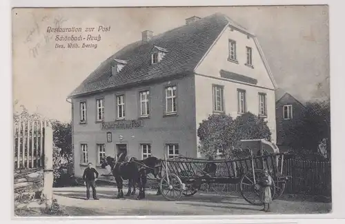 48270 Ak Schönbach Reuß Restauration zur Post mit Pferdefuhrwerk davor um 1910
