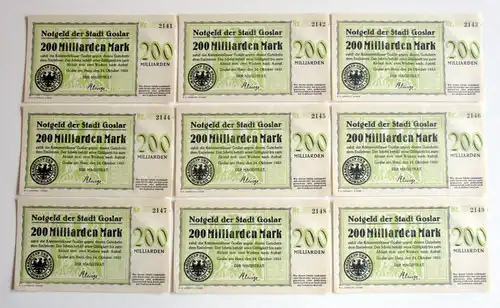 9 x 200 Milliarden Mark Banknoten Stadt Goslar 24.10.1923 (159301)