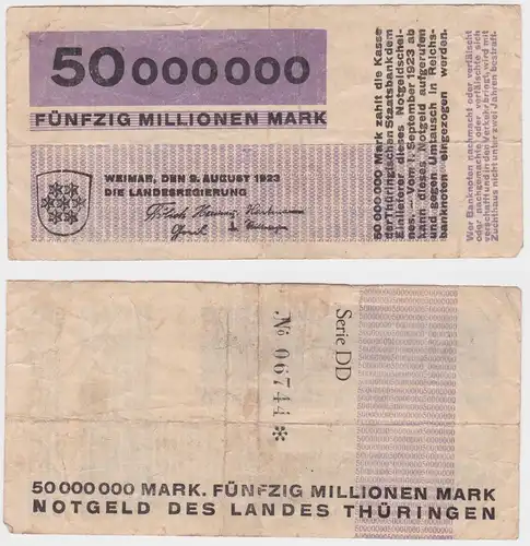 50 Millionen Mark Banknote Landesregierung Weimar 9.8.1923 (159502)