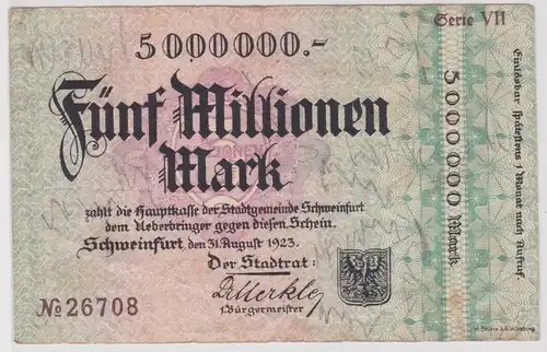 5 Millionen Mark Banknote Inflation Stadt Schweinfurt 31.8.1923 (159496)