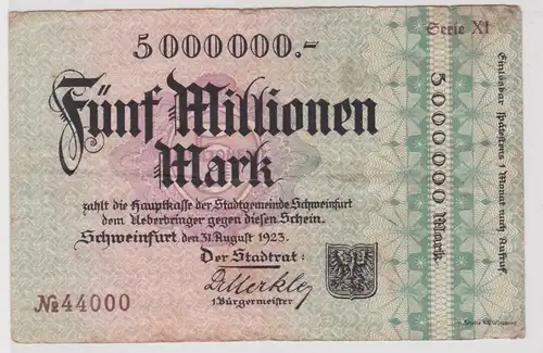 5 Millionen Mark Banknote Inflation Stadt Schweinfurt 31.8.1923 (159454)