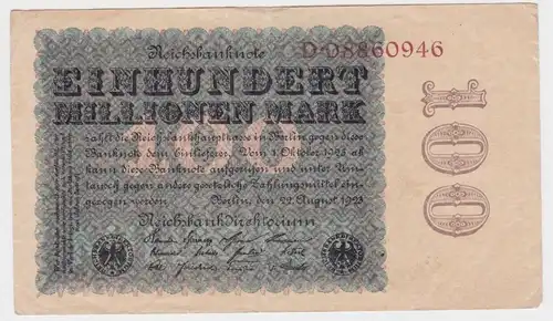 100 Millionen Mark Banknote Berlin 22.8.1923 Rosenberg 106b KN 8 stellig(159044)