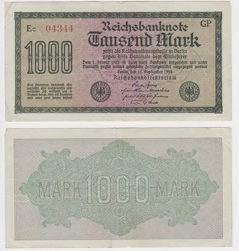 1000 Mark Banknote Berlin 15.9.1922 Rosenberg 75 p KN 5 stellig (159592)