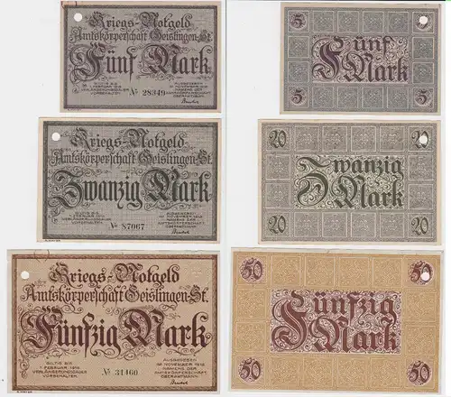 5, 20 und 50 Mark Banknoten Kriegsgeld Amtskörperschaft Geislingen 1918 (130373)