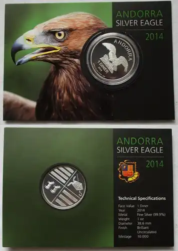 1 Diner Silber Münze Andorra 2014 Silver Eagle 1 Oz Unze .999 Silber (105493)