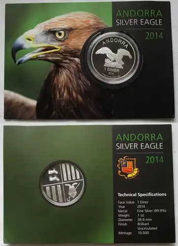 1 Diner Silber Münze Andorra 2014 Silver Eagle 1 Oz Unze .999 Silber (104933)