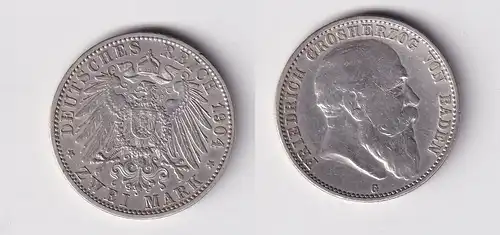 2 Mark Silber Münze Baden Großherzog Friedrich 1904 f.vz (165725)