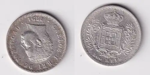 500 Reis Silber Münze Portugal 1891 f.vz KM 535 (165203)
